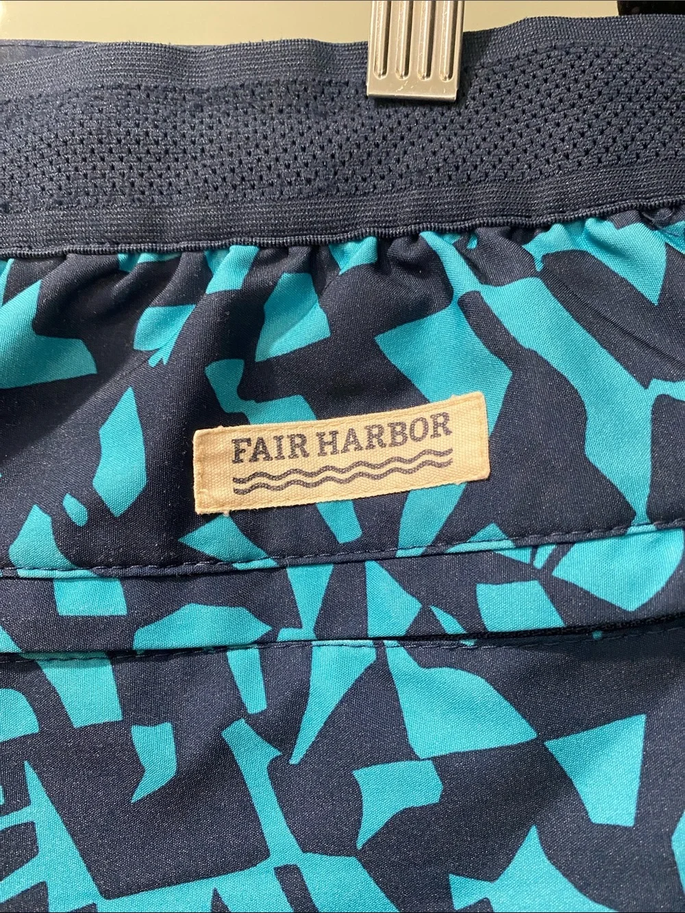 Fair Harbor Navy Board Shorts with Teal Geometric Waist